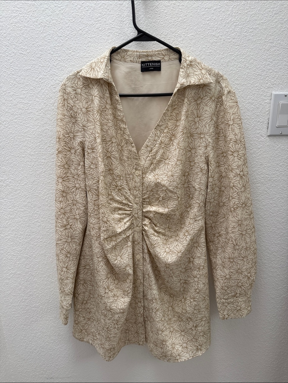 Kittenish Cream Floral Rouched Button Down Dress